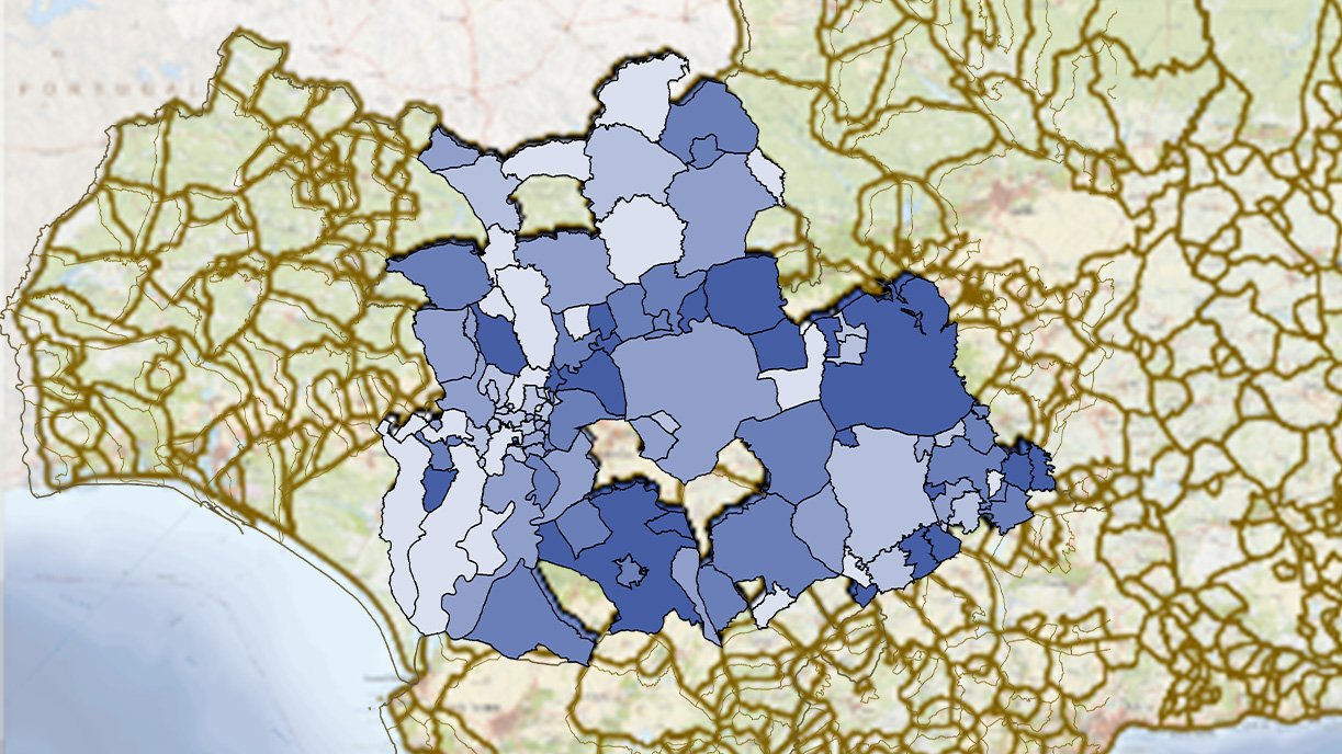 Mapa de la Incidencia acumulada del COVID-19 en los municipios de Sevilla