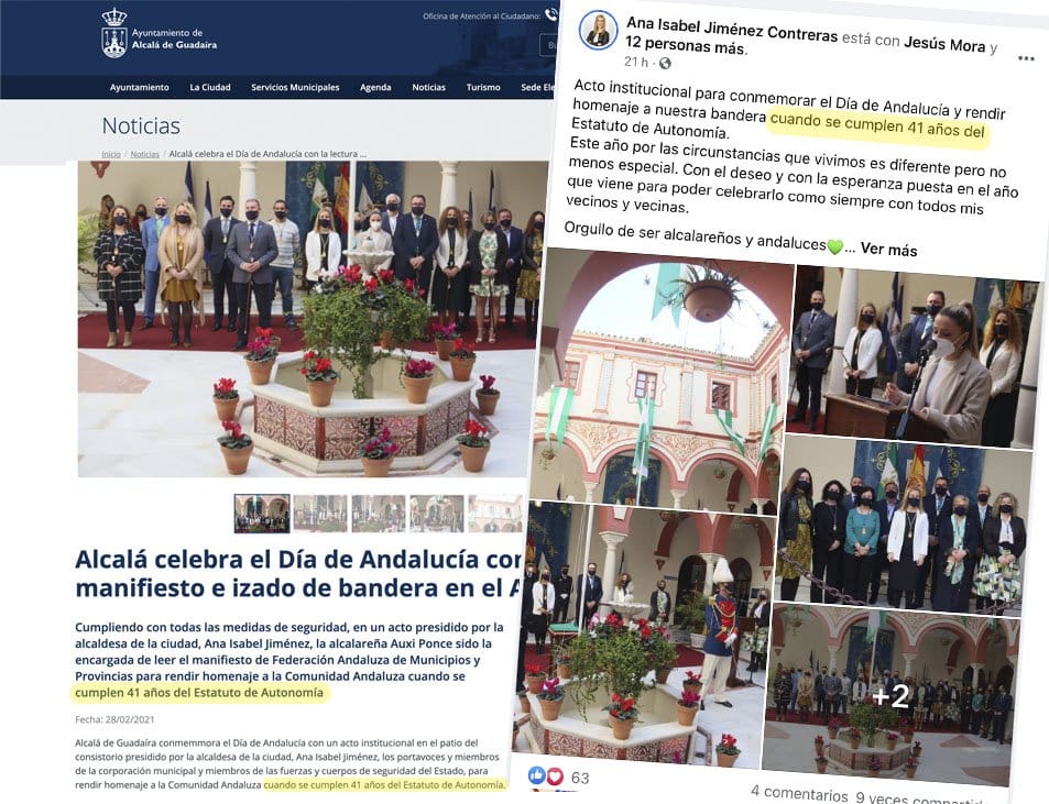 Captura de la web municipal y publicación en redes de la alcaldesa, con errores de bulto sobre el 28F