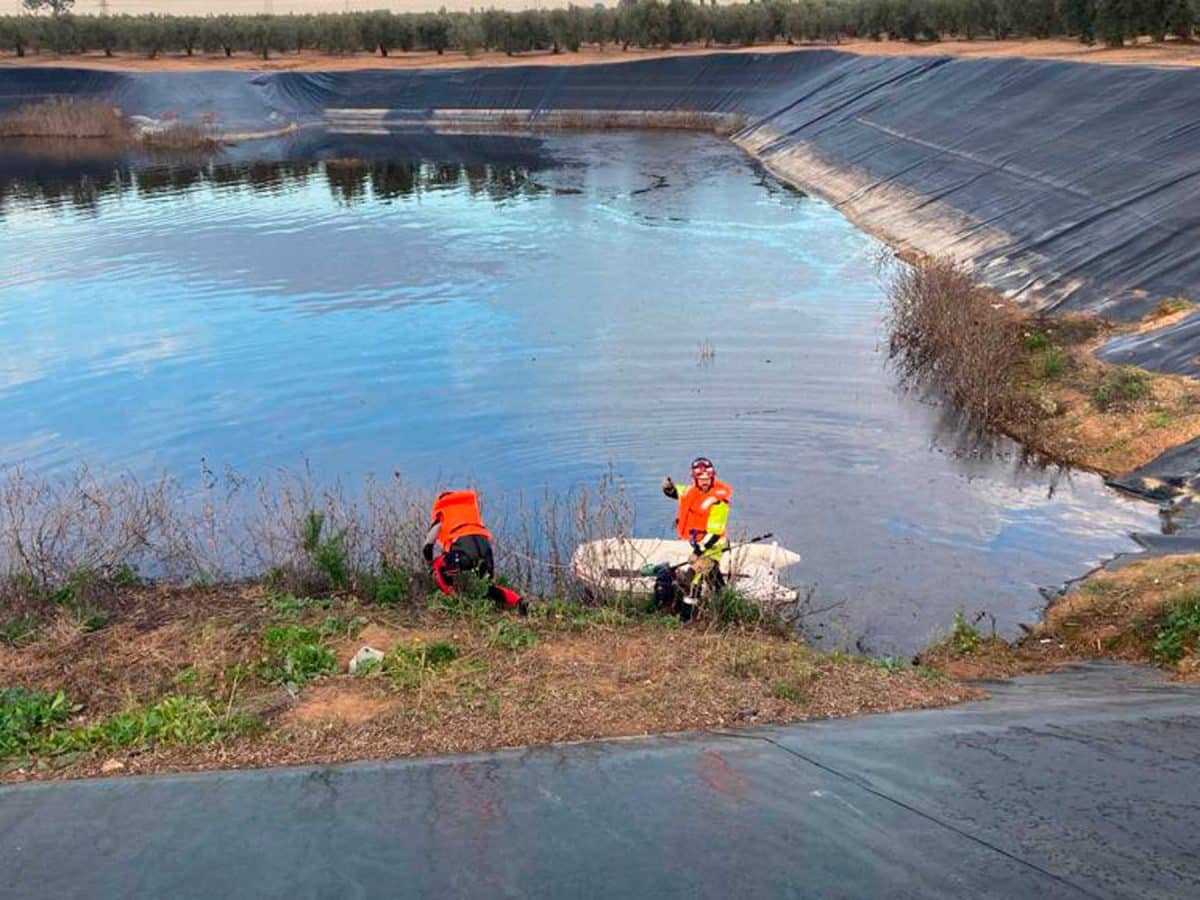 Bomberos alcalareños rescatando a este perro