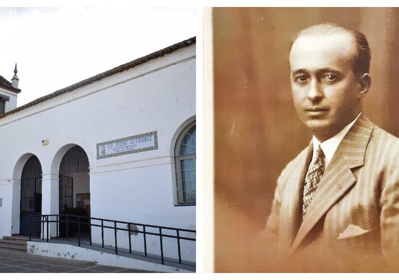 Fachada del CEIP Pedro Gutiérrez (Noelia Martín) y fotografía familiar de Pedro Gutiérrez Calderón (cedida)