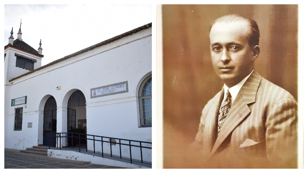 Fachada del CEIP Pedro Gutiérrez (Noelia Martín) y fotografía familiar de Pedro Gutiérrez Calderón (cedida)